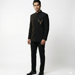 ManTire Premium Designer Bandhgala Suit Fabric With Handwork Colour Z Black