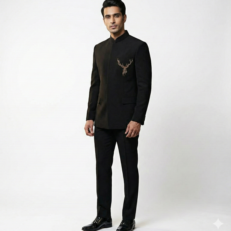 ManTire Premium Designer Bandhgala Suit Fabric With Handwork Colour Z Black