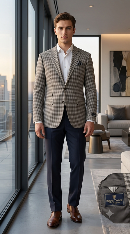 Tweed Blazer Fabric Reid N Taylor Houndstooth Colour Taupe N Natural Brown