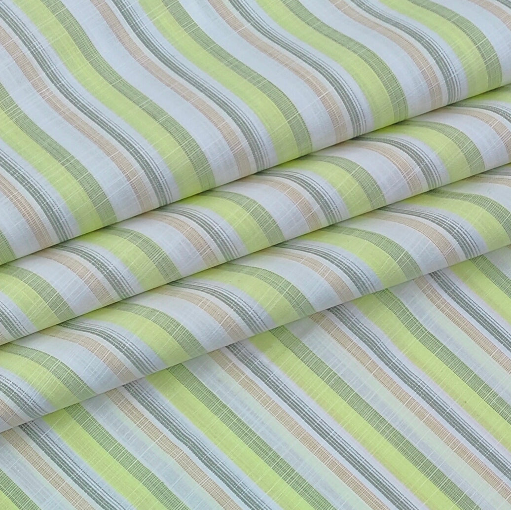 Shirt Fabric Arvind 100% Pure Cotton Multi Stripes Colour Lime Green N Off White