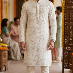Kurta Fabric ManTire Designer Silk Lucknowi Chikankari Embroidery Colour Ash White