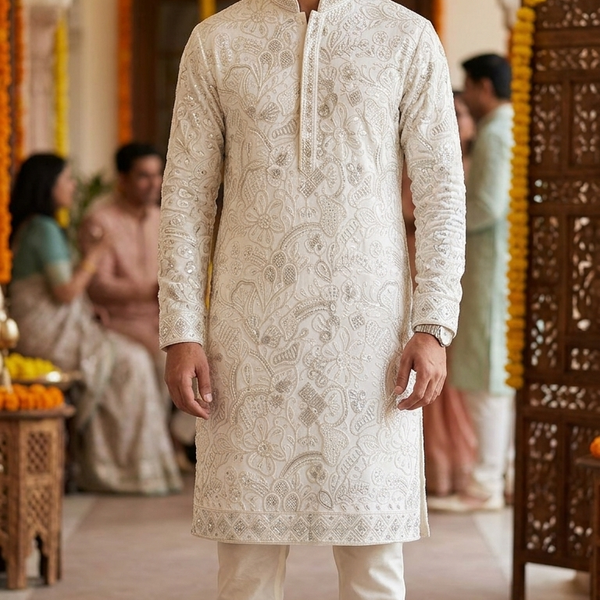 Kurta Fabric ManTire Designer Silk Lucknowi Chikankari Embroidery Colour Ash White
