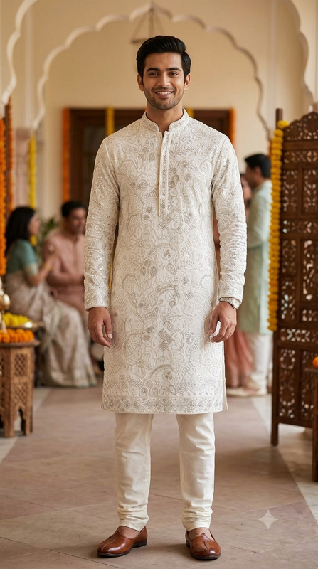 Kurta Fabric ManTire Designer Silk Lucknowi Chikankari Embroidery Colour Ash White