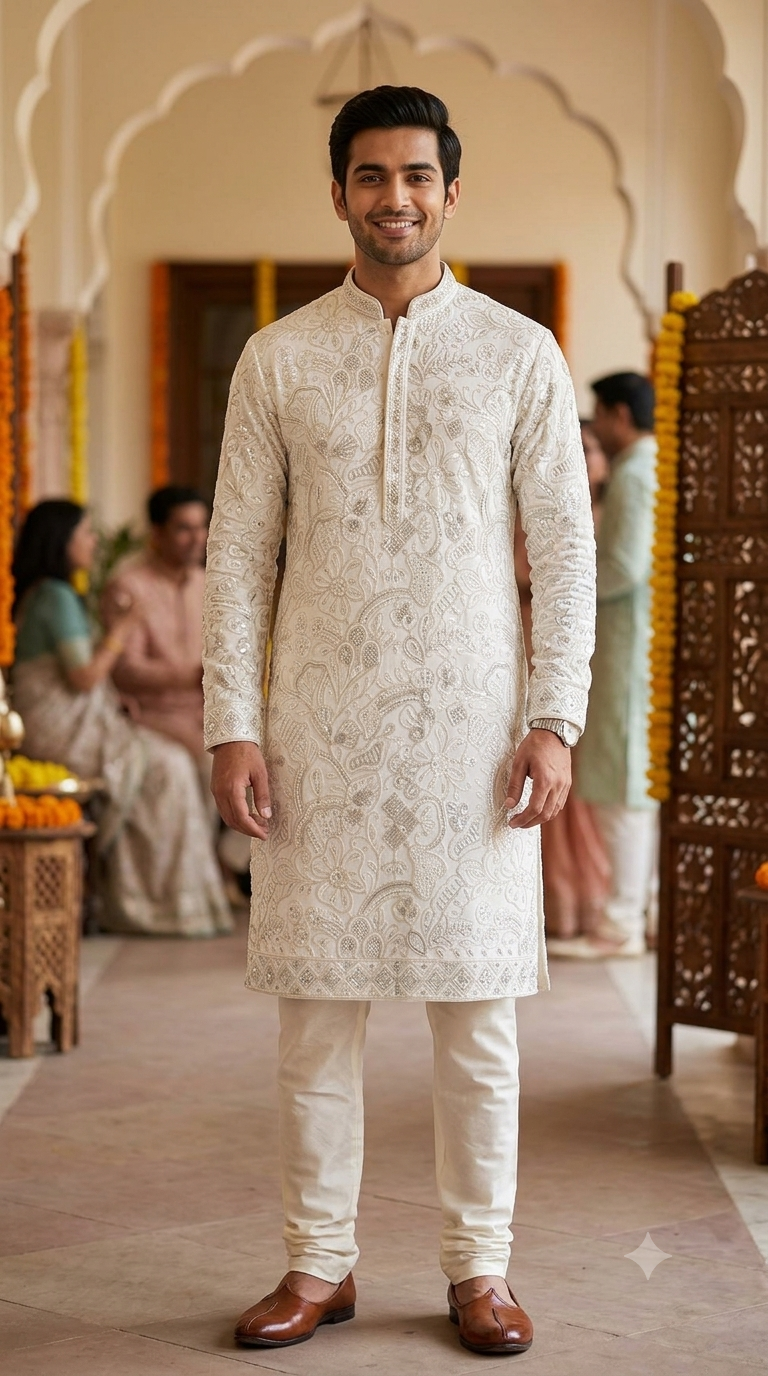 Kurta Fabric ManTire Designer Silk Lucknowi Chikankari Embroidery Colour Ash White