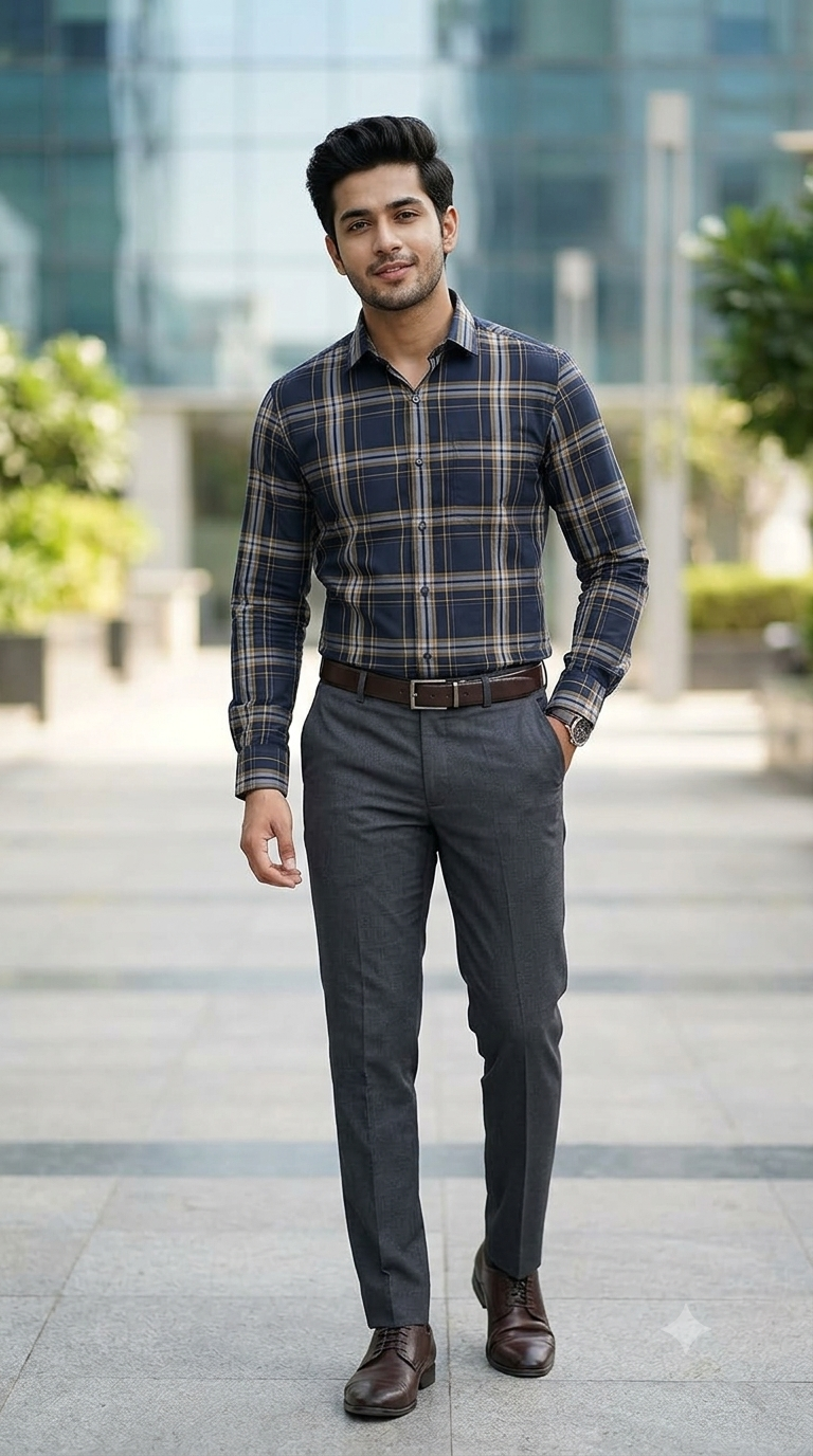 Shirt Fabric Donear LA Finish Premium Giza Cotton Tartan Check Colour Space Blue N Gold Brown