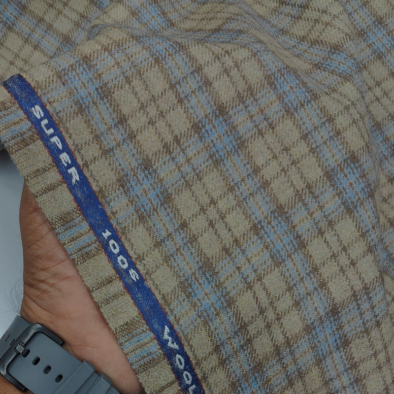 Raymond Super 100s count 100% Wool Tweed Windowpane Check Blazer Fabric Colour Earth Brown N Muted Blue