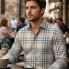 Shirt Fabric Donear LA Finish Premium Giza Cotton Tartan Check Colour Beige N Greyish Blue