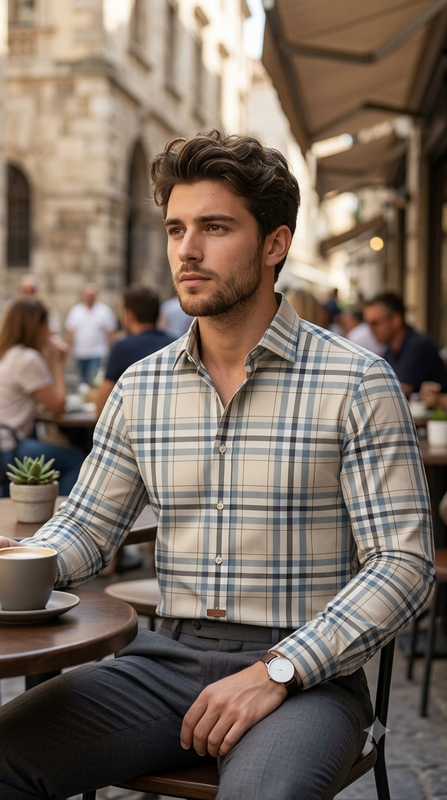 Shirt Fabric Donear LA Finish Premium Giza Cotton Tartan Check Colour Beige N Greyish Blue