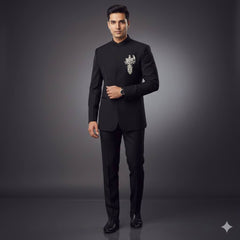 ManTire Premium Designer Bandhgala Suit Fabric With Handwork Colour Black