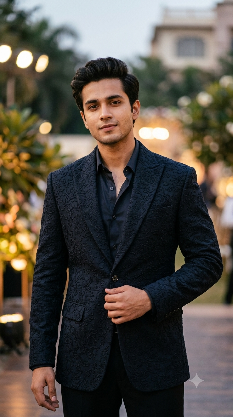 Tuxido Blazer Fabric ManTire Italian Stretchable Jacquard Colour Midnight Blue