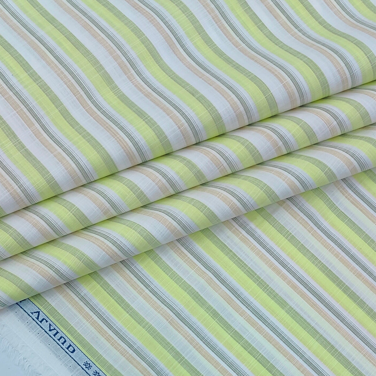 Shirt Fabric Arvind 100% Pure Cotton Multi Stripes Colour Lime Green N Off White