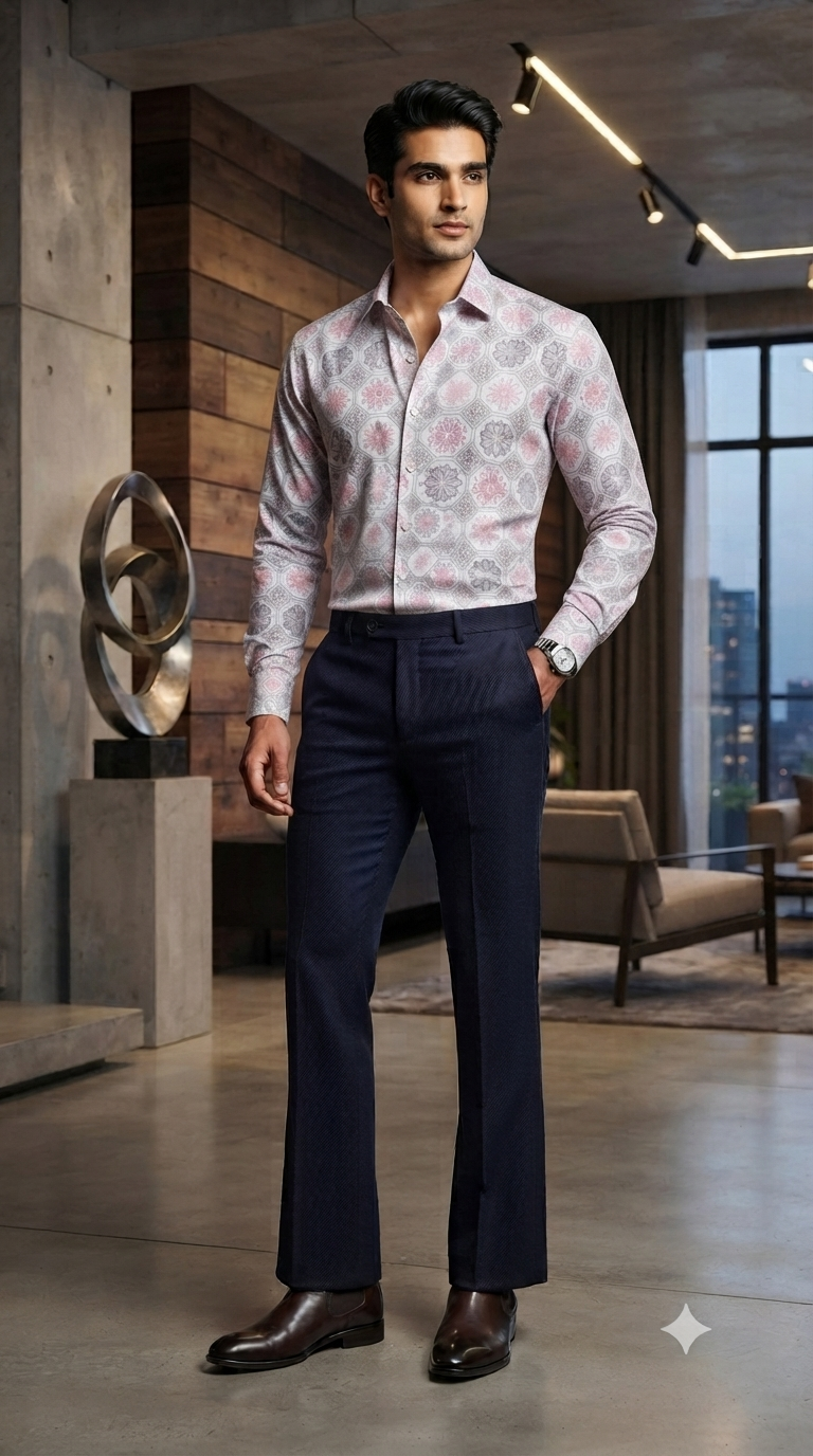 Combo Raymond Dark Blue Trouser Fabric And Donear Giza Cotton With LA Finish Light Pink Printed Shirt Fabric
