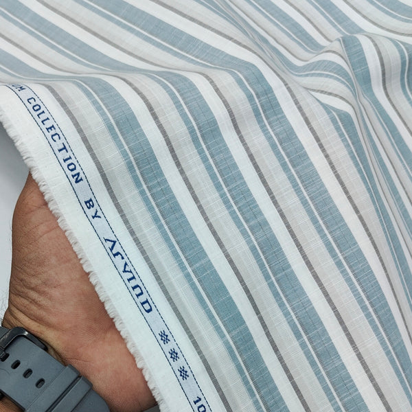 Shirt Fabric Arvind 100% Pure Cotton Multi Vertical Stripes Colour Slate Grey N Off White