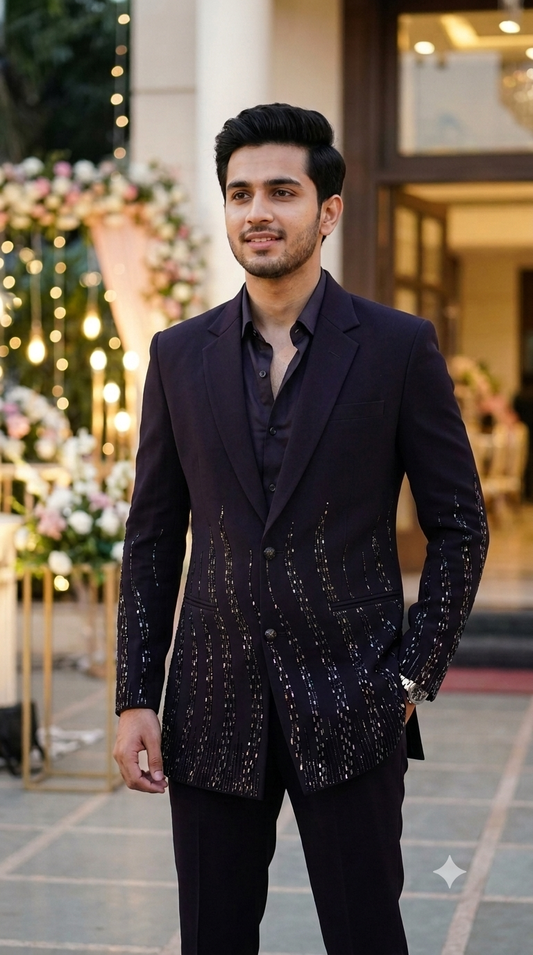 ManTire Premium Designer Blazer Fabric With Handwork Colour Dark Wine