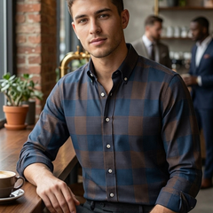 Shirt Fabric Donear LA Finish Premium Giza Cotton houndstooth check Colour Rust Brown N Teal Blue