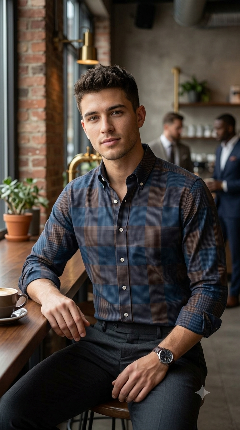 Shirt Fabric Donear LA Finish Premium Giza Cotton houndstooth check Colour Rust Brown N Teal Blue