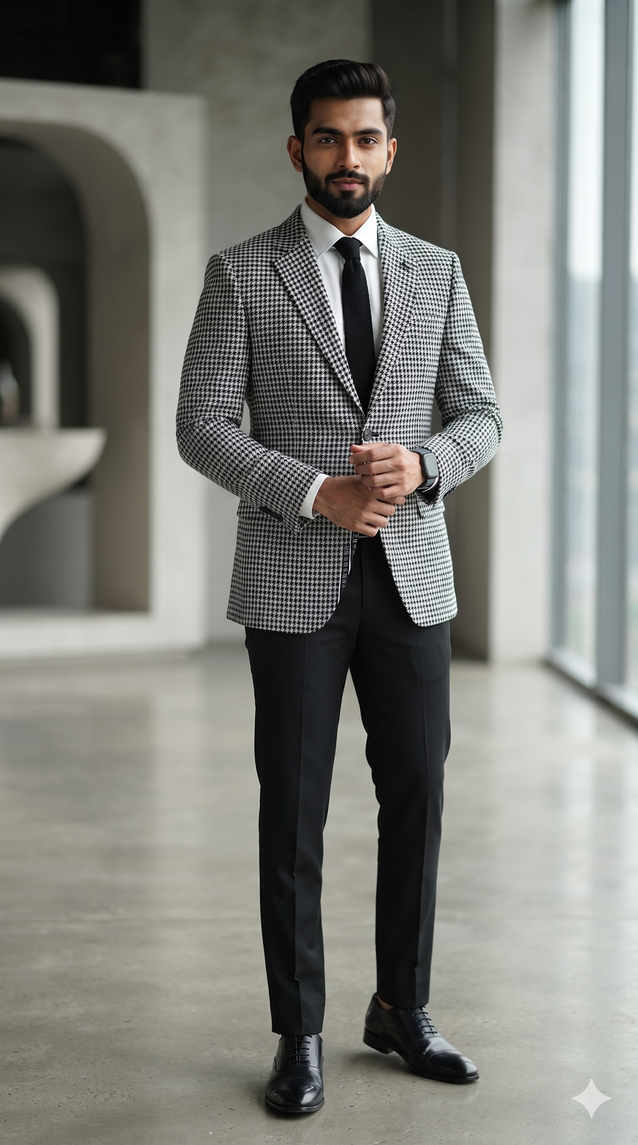 Tweed Blazer Fabric OCM Premium Wool Blended Houndstooth Check Colour Black N White