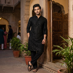 Kurta Fabric ManTire Designer Silk Embroidery Colour Black