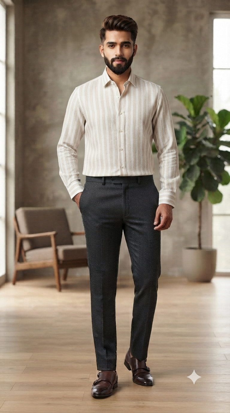 Combo Siyaram Worsted Black Trouser Fabric And Mantire Poly Cotton Broad Stripe Light Brown N Off White Shirt Fabric