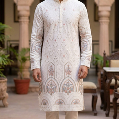 Kurta Fabric ManTire Designer Silk Lucknowi Chikankari Embroidery Colour Pink N White
