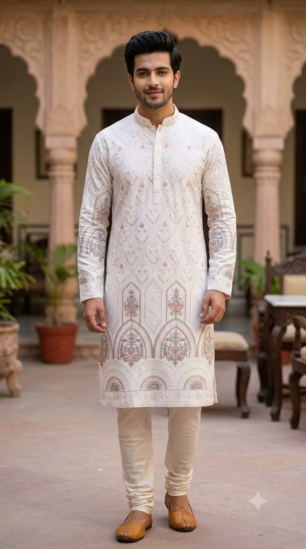 Kurta Fabric ManTire Designer Silk Lucknowi Chikankari Embroidery Colour Pink N White