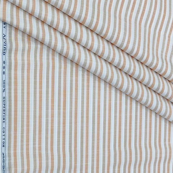 Shirt Fabric Arvind 100% Pure Cotton Vertical Stripes Colour White N Orange