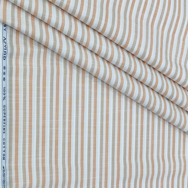 Shirt Fabric Arvind 100% Pure Cotton Vertical Stripes Colour White N Orange