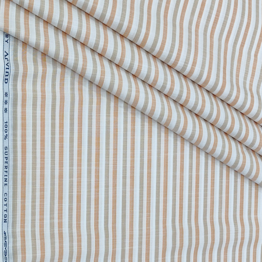Shirt Fabric Arvind 100% Pure Cotton Vertical Stripes Colour White N Orange
