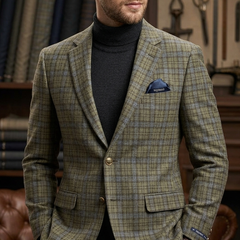 Raymond Super 100s count 100% Wool Tweed Windowpane Check Blazer Fabric Colour Earth Brown N Muted Blue