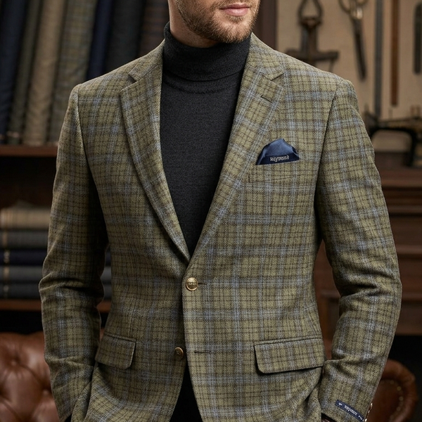 Raymond Super 100s count 100% Wool Tweed Windowpane Check Blazer Fabric Colour Earth Brown N Muted Blue