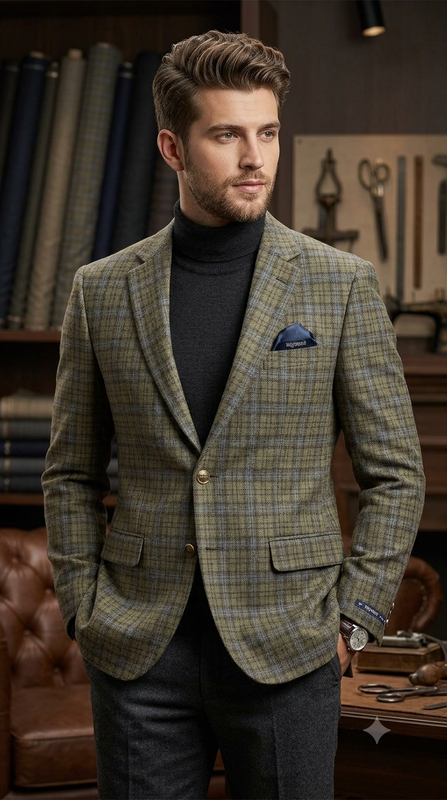 Raymond Super 100s count 100% Wool Tweed Windowpane Check Blazer Fabric Colour Earth Brown N Muted Blue