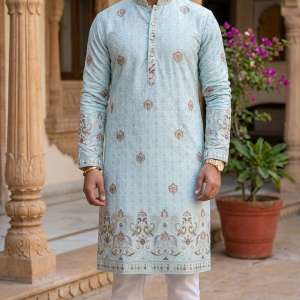Kurta Fabric ManTire Designer Silk Lucknowi Chikankari Embroidery Colour Pastel Aqua Blue