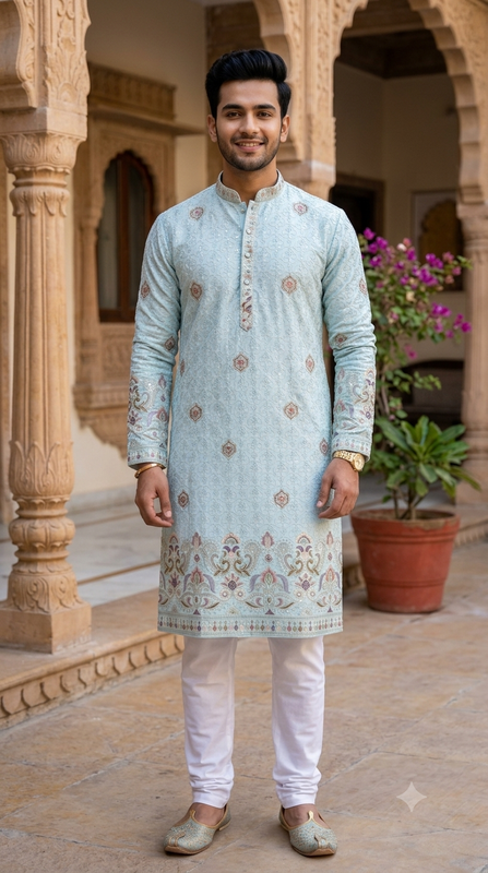Kurta Fabric ManTire Designer Silk Lucknowi Chikankari Embroidery Colour Pastel Aqua Blue