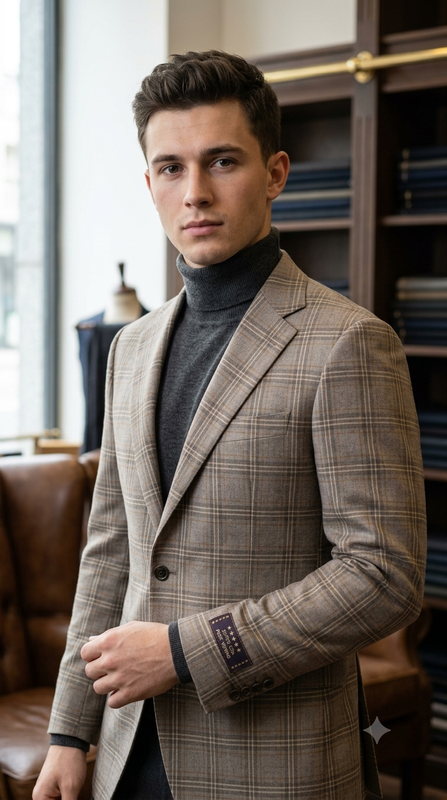Raymond Super 120s count 100% Wool Tweed Broad Check Blazer Fabric Colour Tan Brown