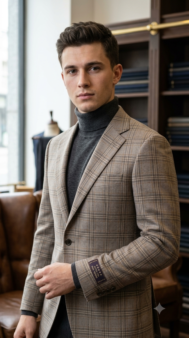 Raymond Super 120s count 100% Wool Tweed Broad Check Blazer Fabric Colour Tan Brown