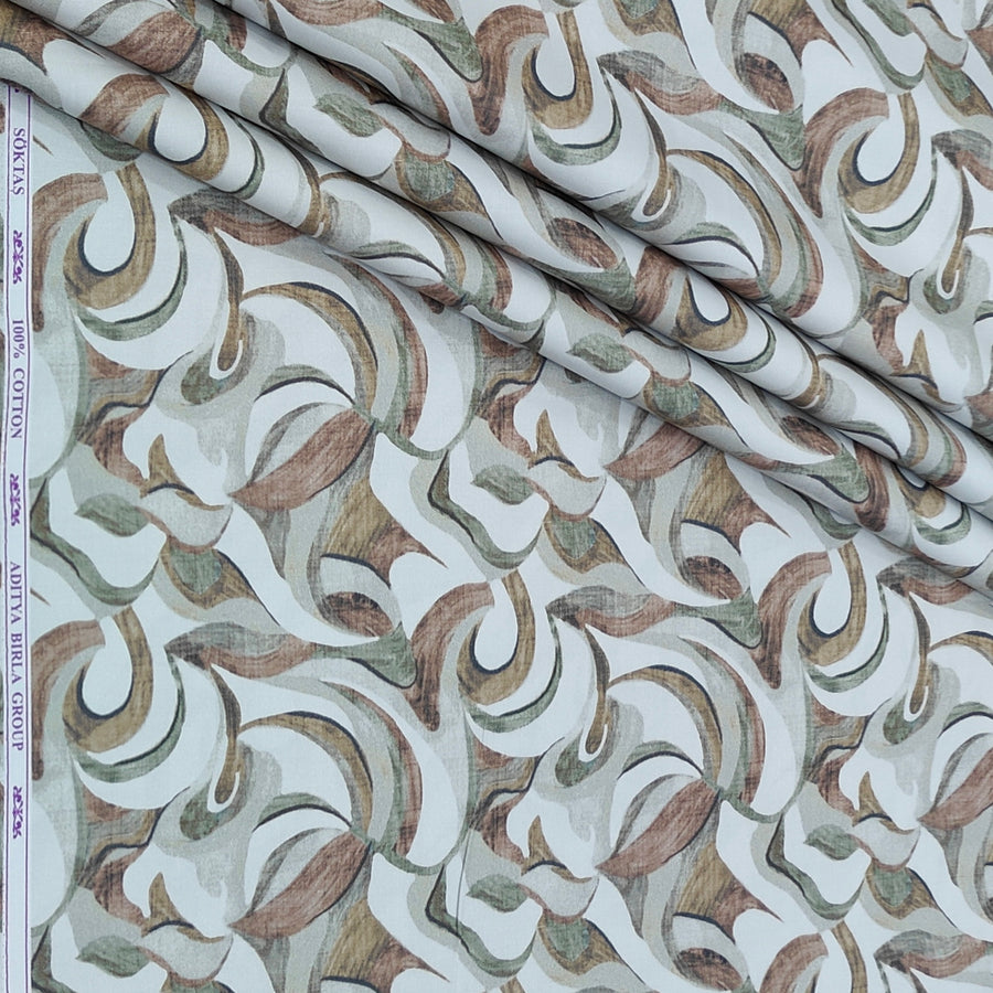 Shirt Fabric Soktas Finest 60s Giza Cotton Digital Print Colour Sage Green N Taupe Brown