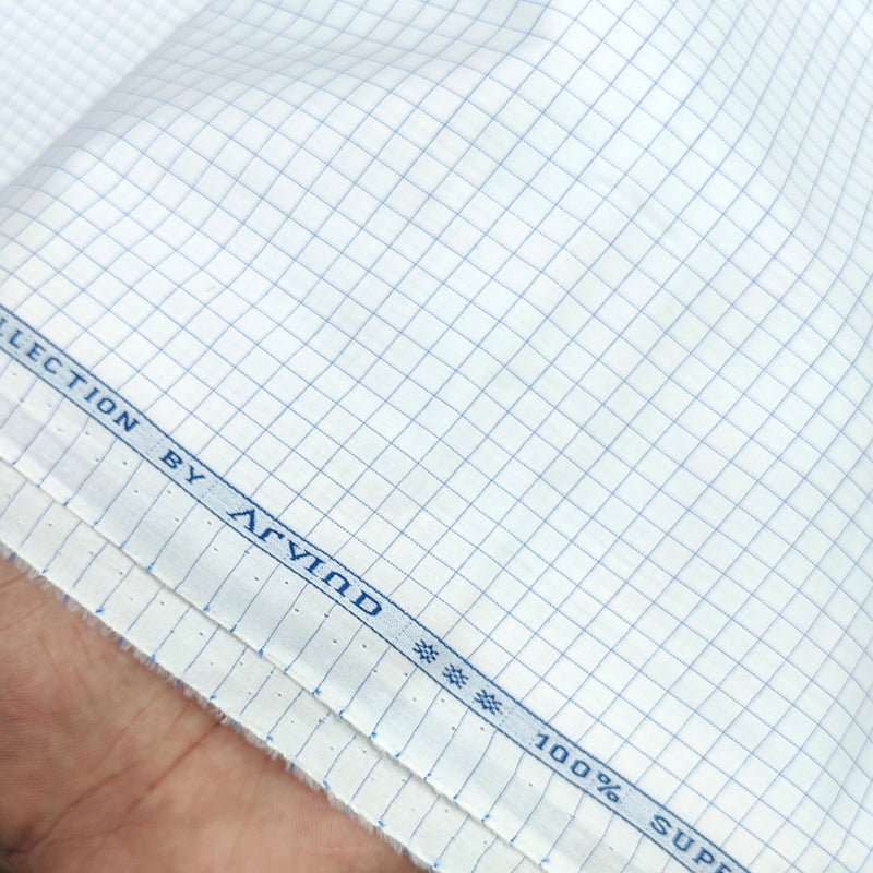 Shirt Fabric Arvind 100% Pure Cotton small check Colour  blue and l white