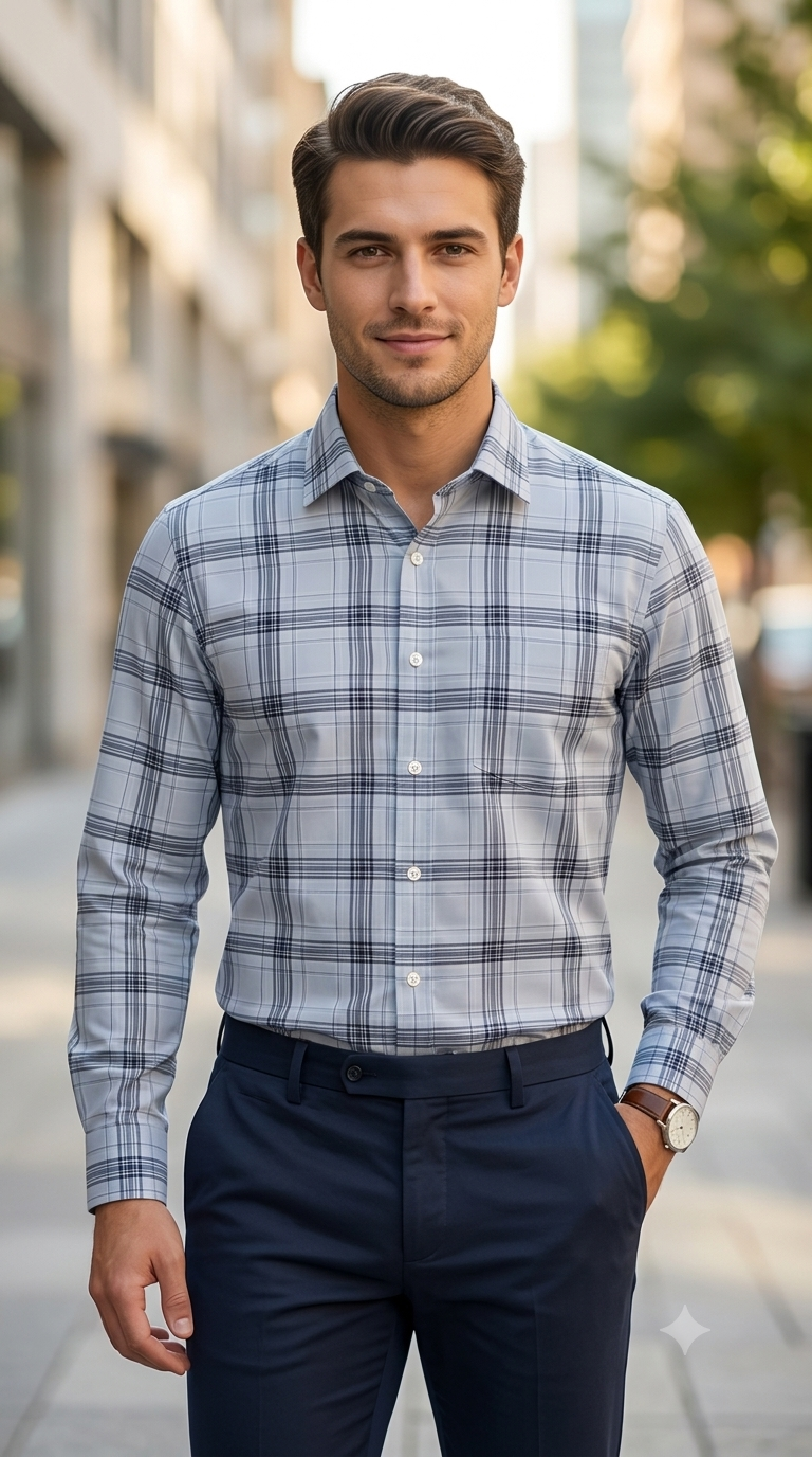 Shirt Fabric Donear LA Finish Premium Giza Cotton Tartan Check Colour Silver Grey