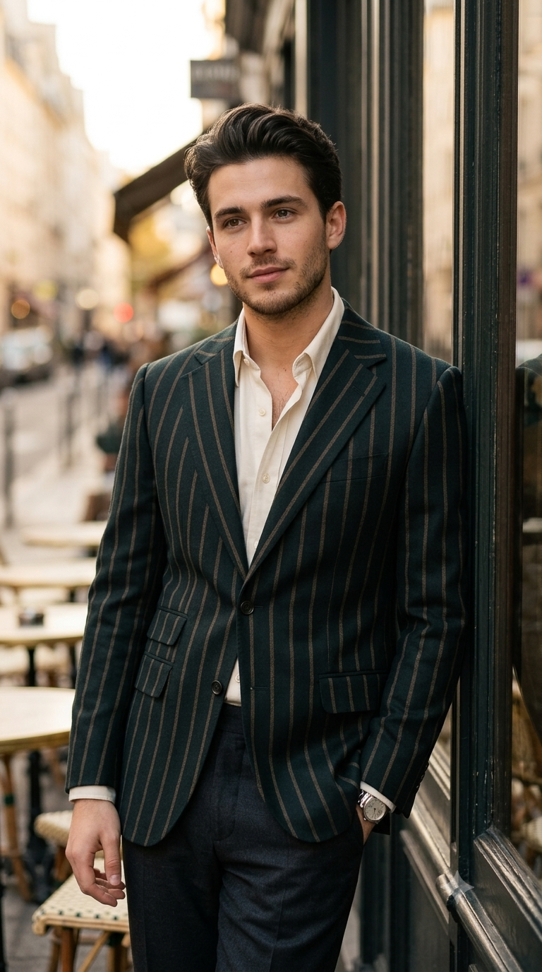 Tweed Blazer Fabric Reid N Taylor Premium 100% Wool Chalk Stripe Colour Bronze Brown N Emerald Green