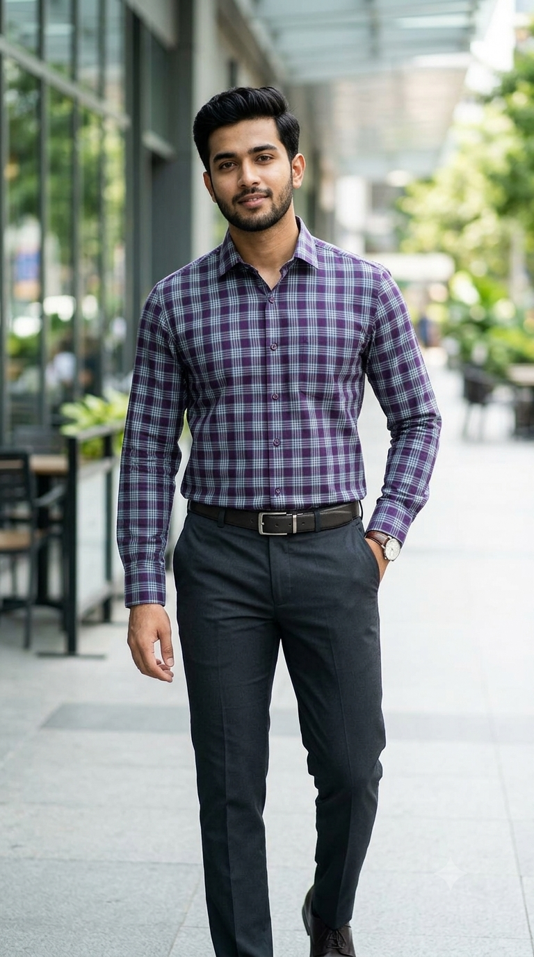 Shirt Fabric Donear Premium Giza Cotton Windowpane Check Colour Teal Green N Purple