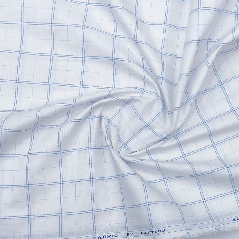 Raymond Premium polyester Cotton Blended formal Check Shirt Fabric colour white n blue